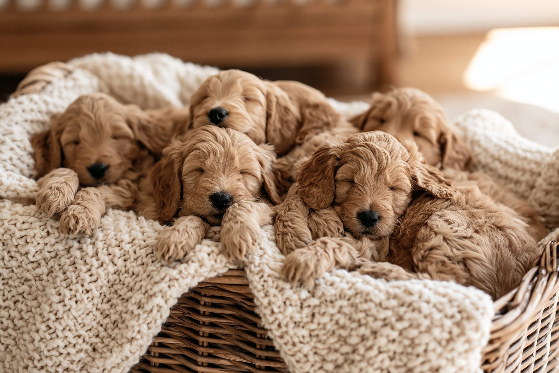 A litter of newborn goldendoodle puppies asleep in a basket